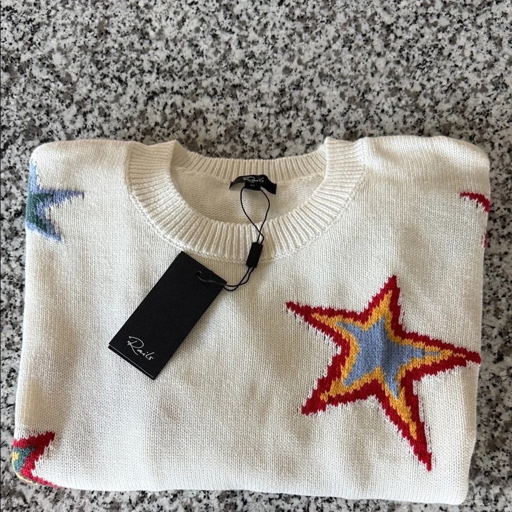 Rails Crew Neck Sweater Cream w/Multicolor Stars Cotton/Cashmere "Perci" Sz M - Picture 1 of 11